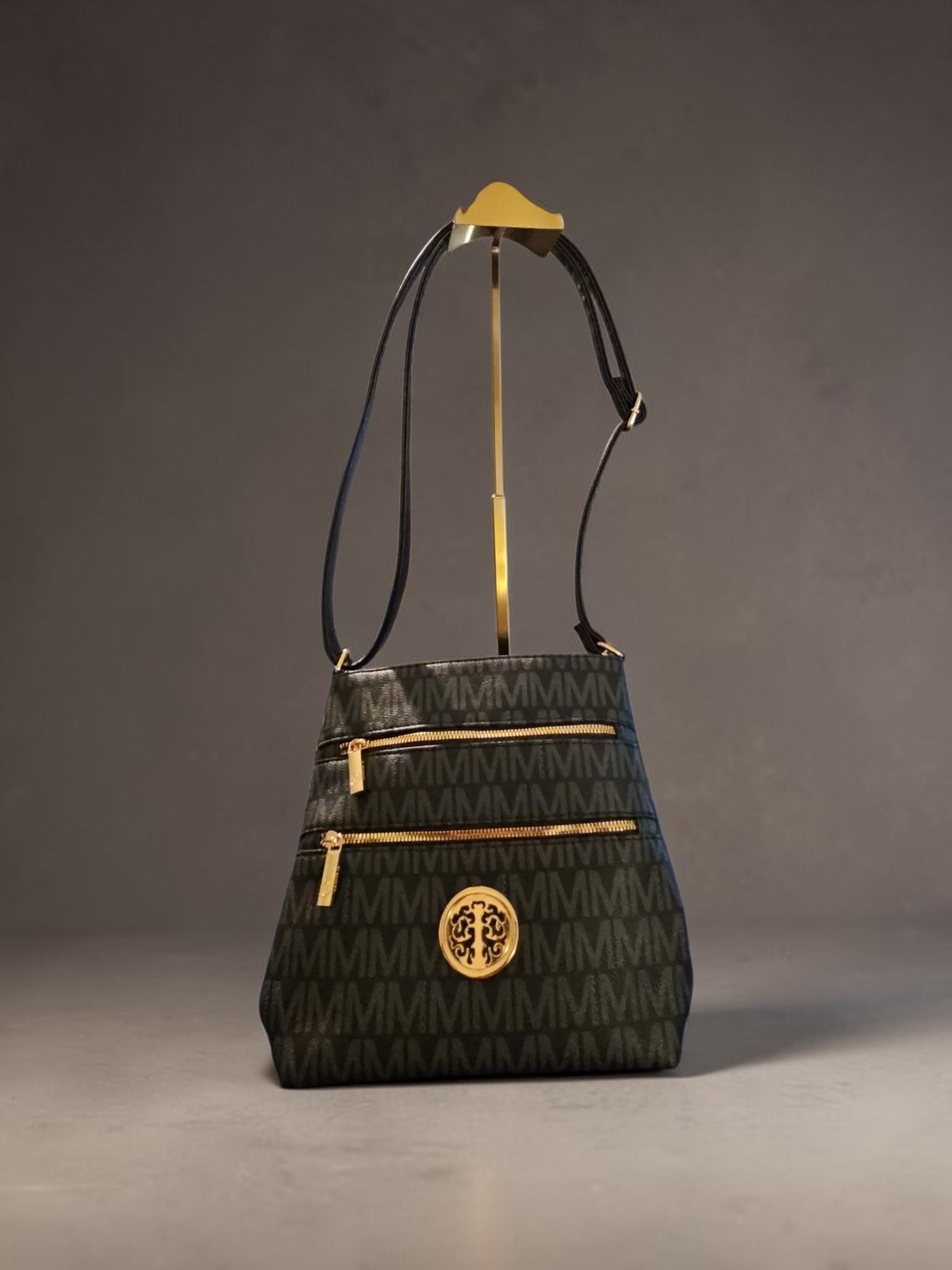 Marco Monogram Crossbody Bag In Black With Gold Accents